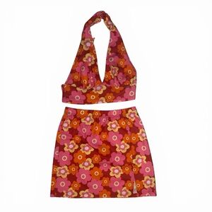Two-Piece Floral Halter Crop Top + Skirt Set in Pink & Orange